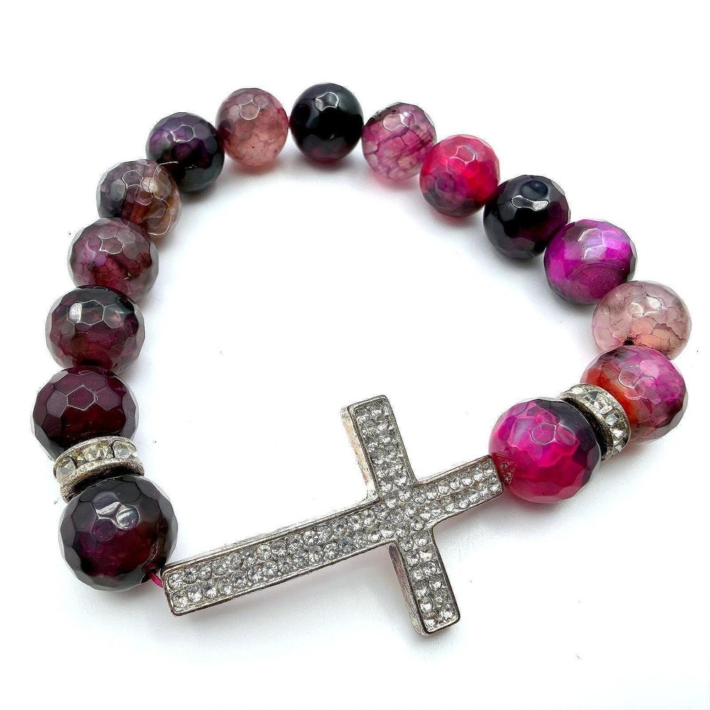 Vintage Red Crystal Beaded Bracelet Silver Rhinestone Cross Y2K 90s 2000s